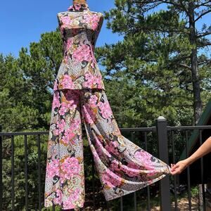 Vintage 60s Pink Psychedelic Flower Power High Waist Palazzo Pant Tunic Top Set